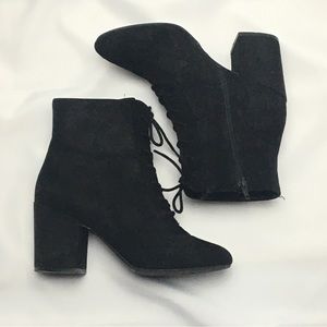 BLACK FAUX SUEDE STACKED HEEL BOOTS